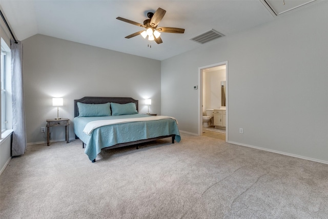 7416 Coronado Ave Unit 14, Dallas, TX 75214 - bedroom with attic access, carpet floors, lofted ceiling, connected bathroom, and a ceiling fan