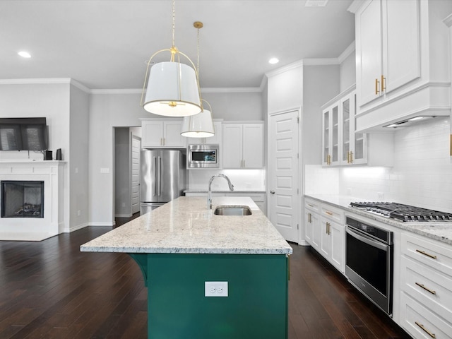 324 Nursery Ln, Fort Worth, TX 76114 - kitchen with stainless steel appliances, recessed lighting, glass insert cabinets, light stone countertops, and backsplash