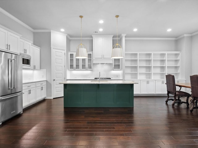 324 Nursery Ln, Fort Worth, TX 76114 - kitchen with stainless steel appliances, open shelves, dark wood finished floors, ornamental molding, and recessed lighting