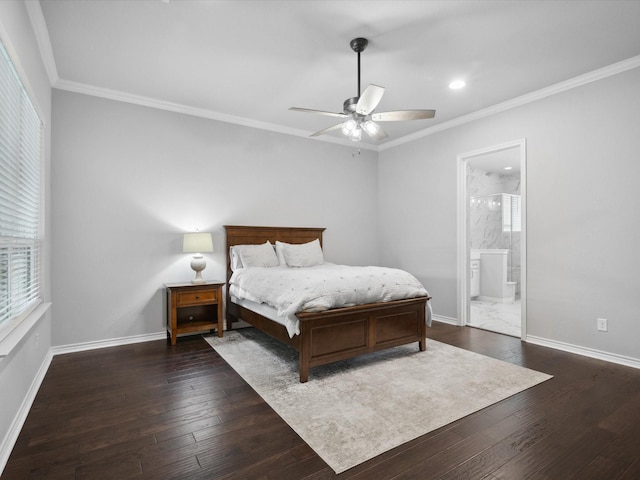 324 Nursery Ln, Fort Worth, TX 76114 - bedroom with dark wood-style floors, ornamental molding, recessed lighting, ensuite bathroom, and ceiling fan