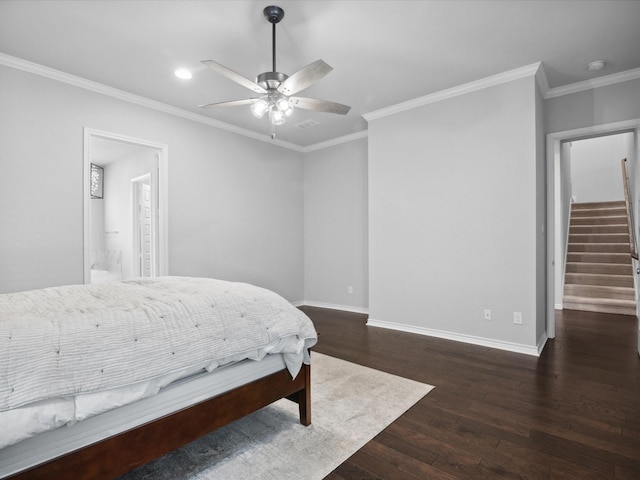 324 Nursery Ln, Fort Worth, TX 76114 - bedroom featuring dark wood-style flooring, crown molding, recessed lighting, a ceiling fan, and connected bathroom