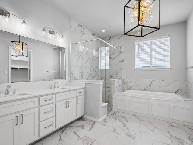 324 Nursery Ln, Fort Worth, TX 76114 - full bathroom featuring a chandelier, marble finish flooring, a marble finish shower, a bath, and double vanity