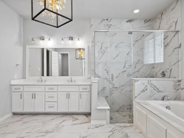 324 Nursery Ln, Fort Worth, TX 76114 - bathroom featuring marble look tile flooring, a bath, double vanity, a marble finish shower, and a chandelier