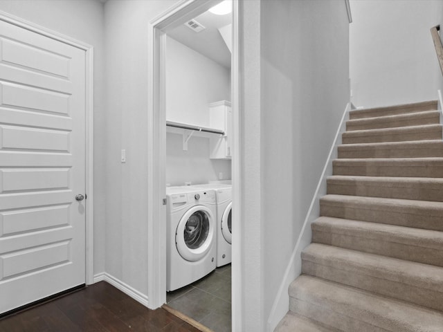 324 Nursery Ln, Fort Worth, TX 76114 - laundry room with separate washer and dryer and dark wood-style floors