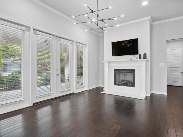 324 Nursery Ln, Fort Worth, TX 76114 - unfurnished living room with crown molding, a fireplace with flush hearth, a chandelier, and wood finished floors