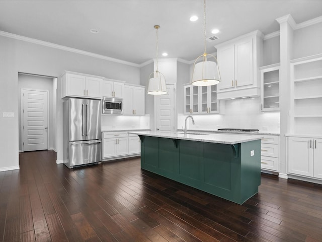 324 Nursery Ln, Fort Worth, TX 76114 - kitchen with stainless steel appliances, white cabinets, ornamental molding, glass insert cabinets, and a breakfast bar area