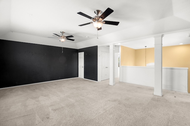 108 Bear Trl, Waxahachie, TX 75165 - unfurnished bedroom featuring decorative columns, carpet flooring, two closets, and ceiling fan