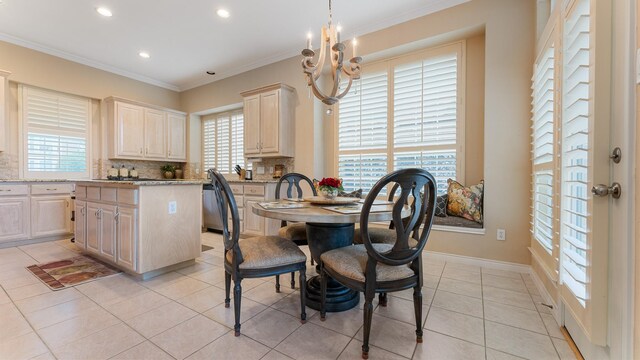 2741 Barrington Dr, Plano, TX 75093 - dining area featuring plenty of natural light, light tile patterned flooring, ornamental molding, and recessed lighting
