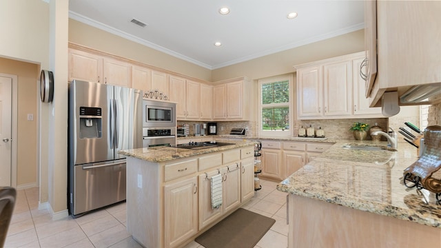 2741 Barrington Dr, Plano, TX 75093 - kitchen featuring appliances with stainless steel finishes, light stone countertops, light tile patterned floors, backsplash, and crown molding