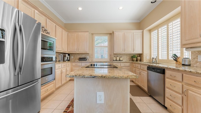 2741 Barrington Dr, Plano, TX 75093 - kitchen with appliances with stainless steel finishes, light brown cabinetry, a kitchen island, tasteful backsplash, and crown molding