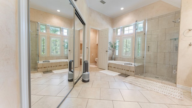 2741 Barrington Dr, Plano, TX 75093 - bathroom with a bath, crown molding, a stall shower, tile patterned floors, and a high ceiling