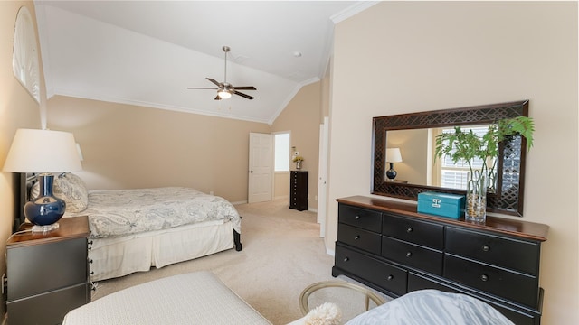 2741 Barrington Dr, Plano, TX 75093 - carpeted bedroom with crown molding, lofted ceiling, and ceiling fan