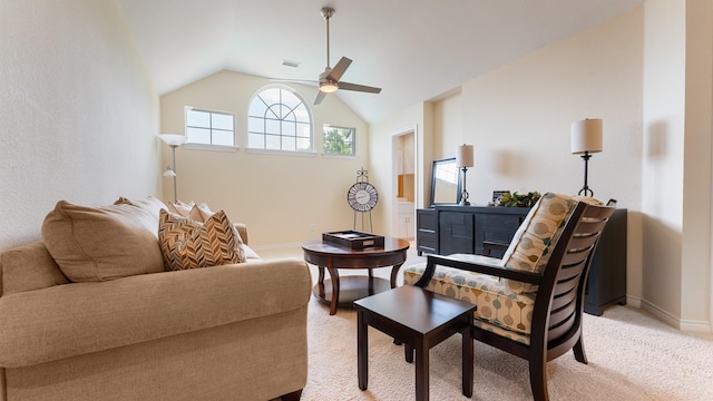 2741 Barrington Dr, Plano, TX 75093 - living area with vaulted ceiling, a ceiling fan, and light colored carpet