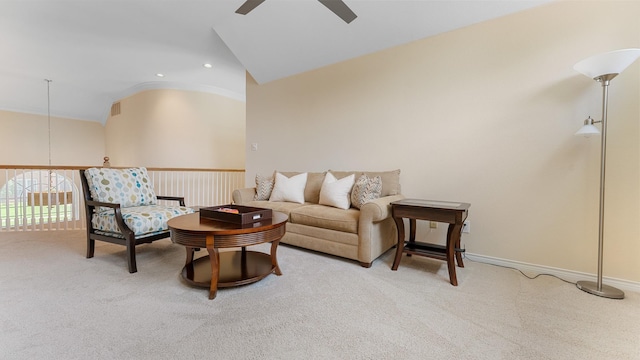 2741 Barrington Dr, Plano, TX 75093 - carpeted living area featuring vaulted ceiling, ceiling fan, and recessed lighting