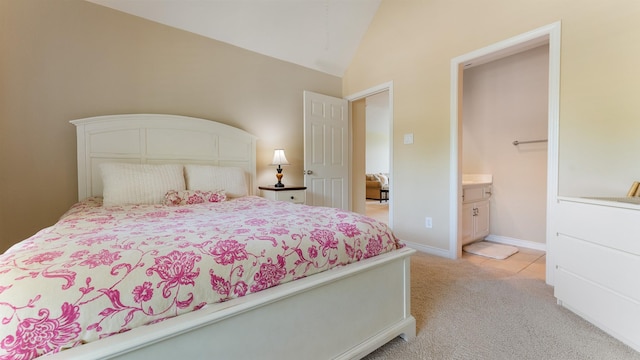 2741 Barrington Dr, Plano, TX 75093 - bedroom with light colored carpet, vaulted ceiling, and connected bathroom