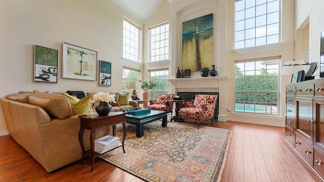 2741 Barrington Dr, Plano, TX 75093 - living area featuring a high ceiling, wood finished floors, crown molding, and a fireplace