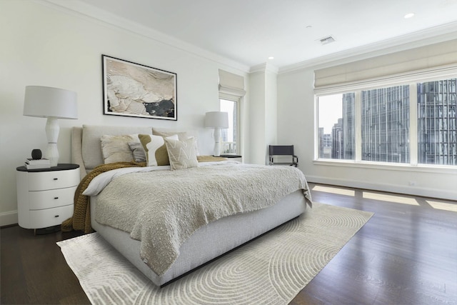 2555 N Pearl St Unit 1101, Dallas, TX 75201 - bedroom with dark wood-style floors, ornamental molding, and recessed lighting