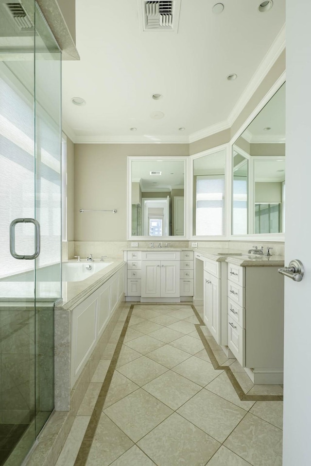 2555 N Pearl St Unit 1101, Dallas, TX 75201 - full bathroom featuring vanity, a bath, a stall shower, ornamental molding, and tile patterned flooring