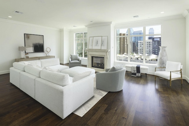 2555 N Pearl St Unit 1101, Dallas, TX 75201 - living area with dark wood-style flooring, ornamental molding, a premium fireplace, recessed lighting, and a city view