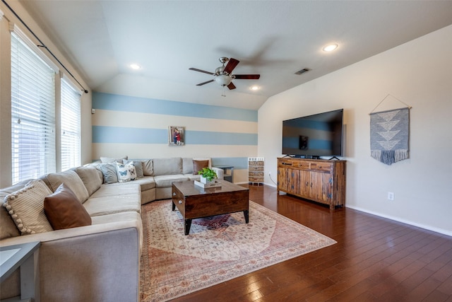 5104 Pebble Beach Trl, Denton, TX 76208 - living area with a ceiling fan, vaulted ceiling, dark wood finished floors, and recessed lighting