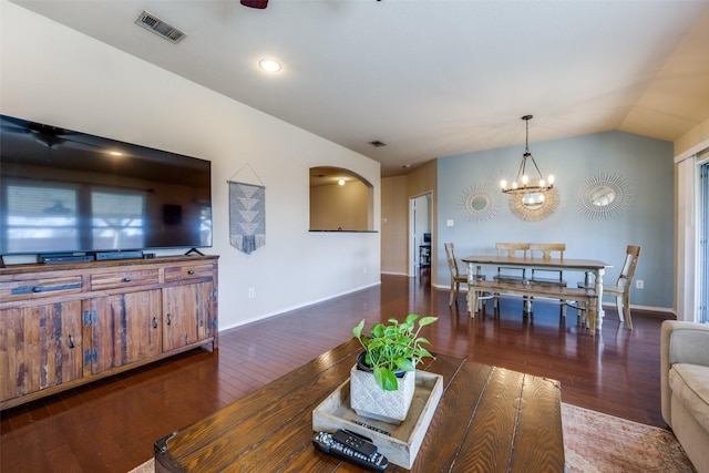 5104 Pebble Beach Trl, Denton, TX 76208 - living area with a chandelier, wood finished floors, and lofted ceiling
