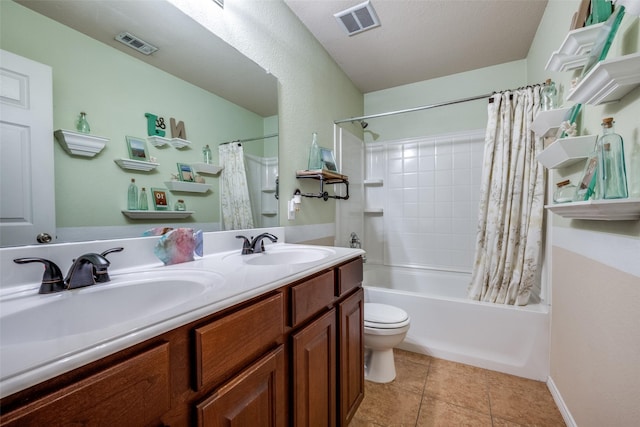 5104 Pebble Beach Trl, Denton, TX 76208 - bathroom with shower / tub combo with curtain, double vanity, and tile patterned flooring