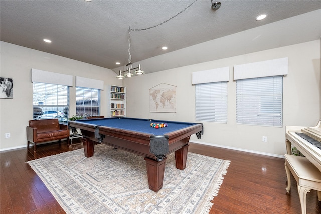 5104 Pebble Beach Trl, Denton, TX 76208 - rec room with a textured ceiling, wood finished floors, pool table, and recessed lighting