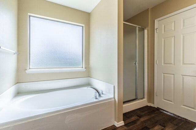 13264 Harvest Ridge Rd, Fort Worth, TX 76244 - full bathroom featuring a stall shower, a bath, and wood finished floors