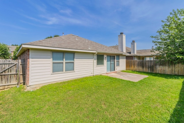 13264 Harvest Ridge Rd, Fort Worth, TX 76244 - back of house featuring a fenced backyard, a chimney, a patio, and roof with shingles