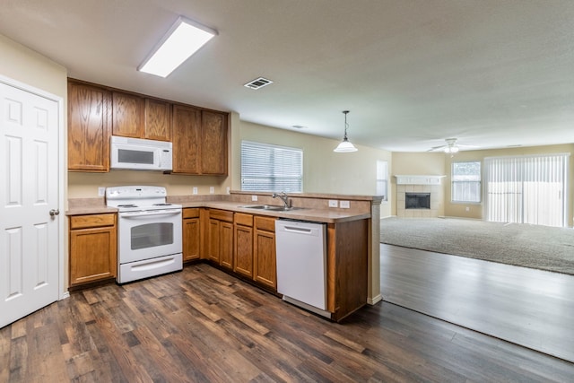 13264 Harvest Ridge Rd, Fort Worth, TX 76244 - kitchen featuring white appliances, a peninsula, dark wood-style floors, open floor plan, and healthy amount of natural light