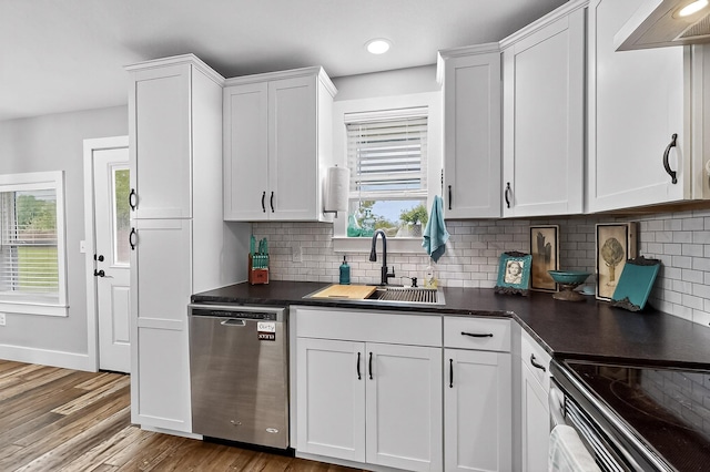 1008 County Road 4759, Sulphur Springs, TX 75482 - kitchen with stainless steel dishwasher, ventilation hood, dark countertops, light wood-type flooring, and white cabinetry
