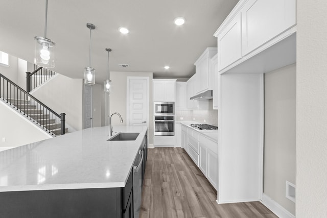 6217 Escarpment Dr, Fort Worth, TX 76112 - kitchen with appliances with stainless steel finishes, under cabinet range hood, wood finished floors, white cabinets, and recessed lighting