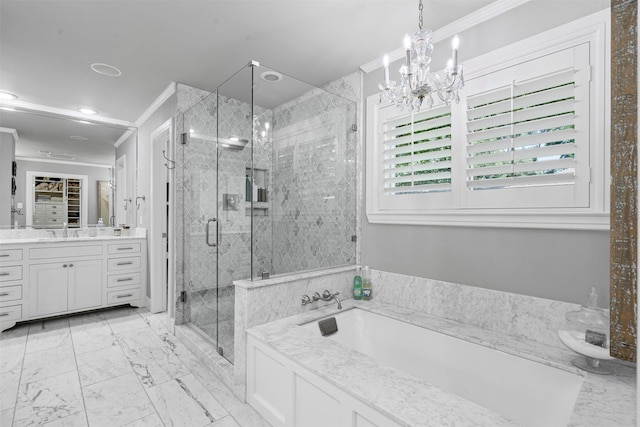 7116 Serrano Dr, Benbrook, TX 76126 - full bathroom featuring crown molding, vanity, a bath, a stall shower, and a chandelier