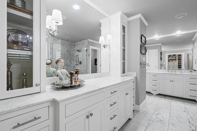 7116 Serrano Dr, Benbrook, TX 76126 - full bathroom with crown molding, marble look tile flooring, a stall shower, vanity, and recessed lighting