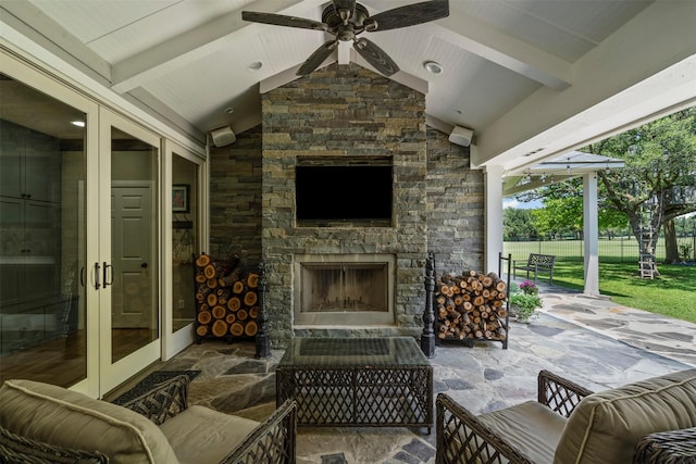 7116 Serrano Dr, Benbrook, TX 76126 - view of patio / terrace featuring french doors, an outdoor living space with a fireplace, and a ceiling fan
