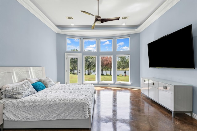 2001 Oak View Ct, Cross Roads, TX 76227 - bedroom featuring finished concrete flooring, ornamental molding, a raised ceiling, and ceiling fan