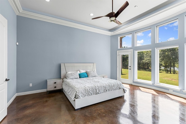 2001 Oak View Ct, Cross Roads, TX 76227 - bedroom with finished concrete flooring, multiple windows, ornamental molding, ceiling fan, and recessed lighting