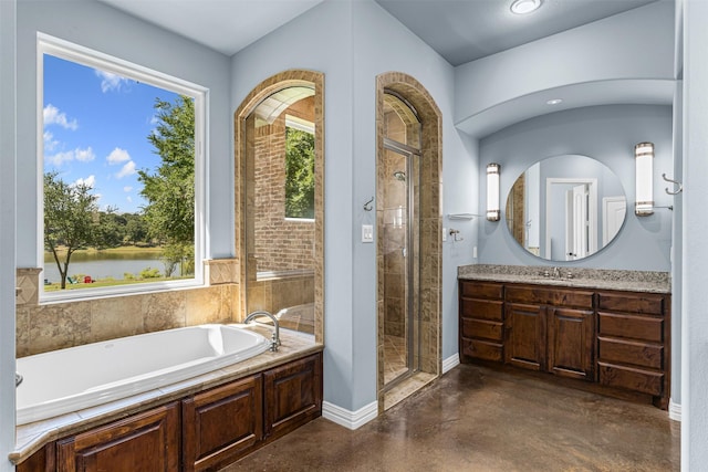 2001 Oak View Ct, Cross Roads, TX 76227 - full bathroom featuring a stall shower, a bath, concrete floors, vanity, and a water view