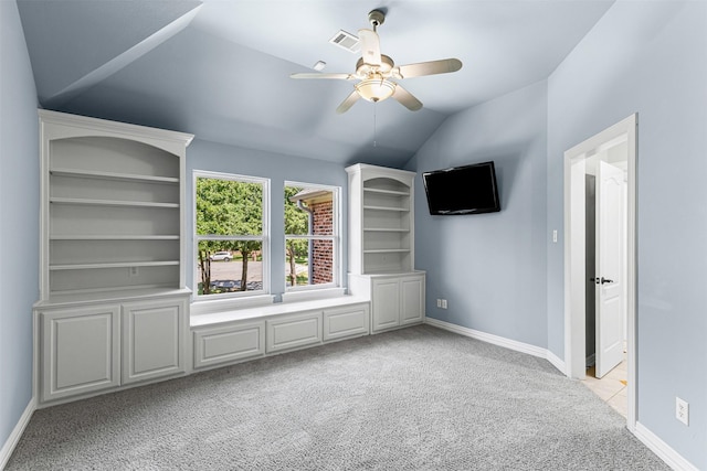2001 Oak View Ct, Cross Roads, TX 76227 - unfurnished living room featuring light colored carpet, a ceiling fan, and vaulted ceiling