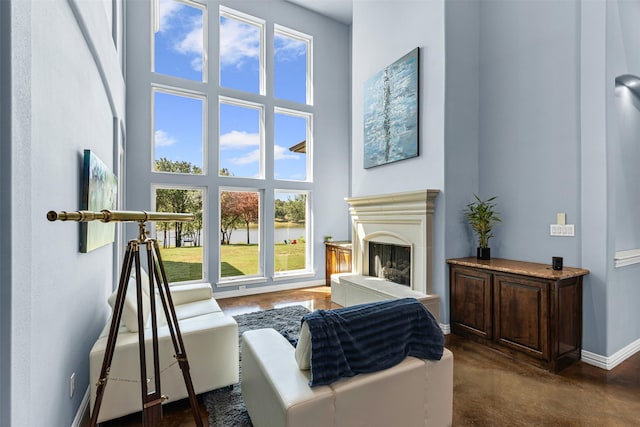 2001 Oak View Ct, Cross Roads, TX 76227 - living room with plenty of natural light, a fireplace with raised hearth, a high ceiling, and a water view