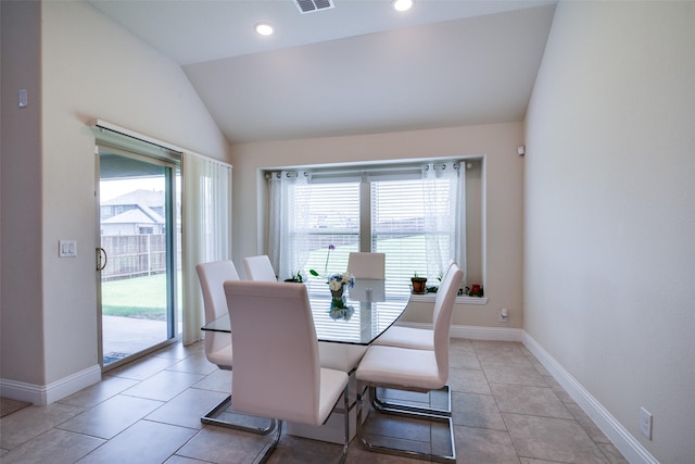 11100 Tanager Ln, Cross Roads, TX 76227 - dining space featuring vaulted ceiling, light tile patterned floors, and recessed lighting