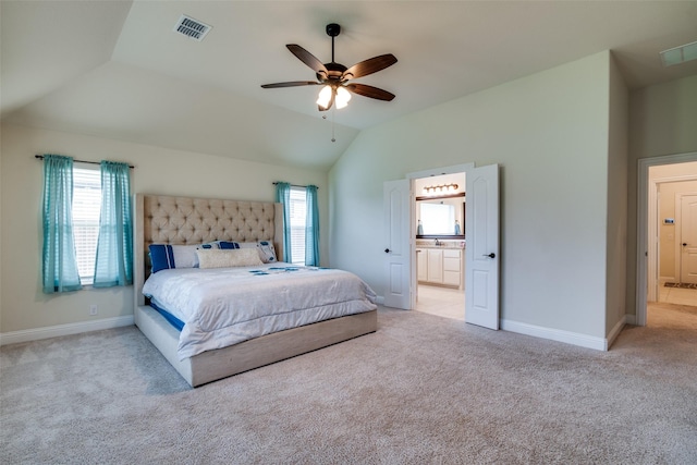 11100 Tanager Ln, Cross Roads, TX 76227 - bedroom featuring carpet flooring, vaulted ceiling, connected bathroom, and a ceiling fan
