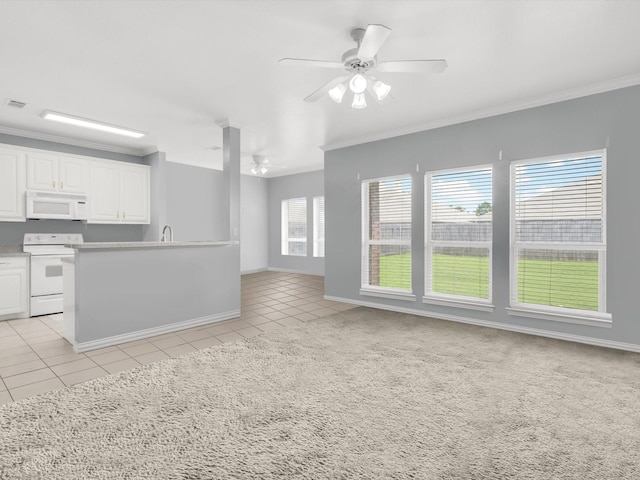 5813 Blackmon Ct, Fort Worth, TX 76137 - kitchen with white appliances, light tile patterned flooring, crown molding, ceiling fan, and white cabinets
