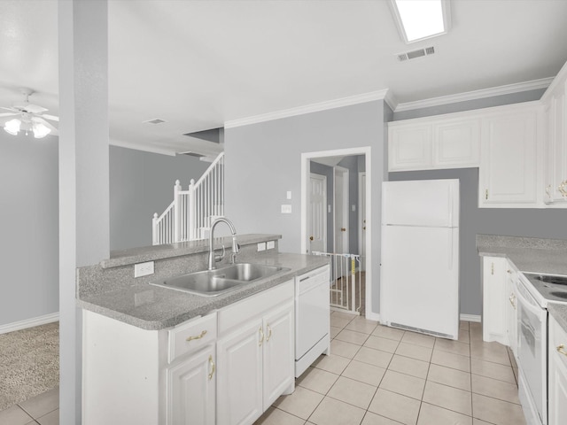 5813 Blackmon Ct, Fort Worth, TX 76137 - kitchen with white appliances, light tile patterned floors, crown molding, a ceiling fan, and white cabinets