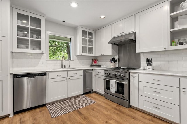 3121 Benbrook Blvd, Fort Worth, TX 76109 - kitchen with stainless steel appliances, under cabinet range hood, light countertops, white cabinetry, and recessed lighting