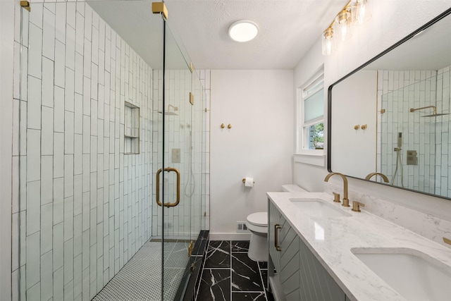 5706 Hillcroft St, Dallas, TX 75227 - full bath with a stall shower, double vanity, a textured ceiling, and tile patterned floors