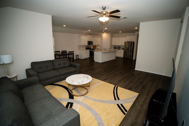 6428 Wales St, Celina, TX 76227 - living area featuring a ceiling fan, dark wood-style flooring, and recessed lighting
