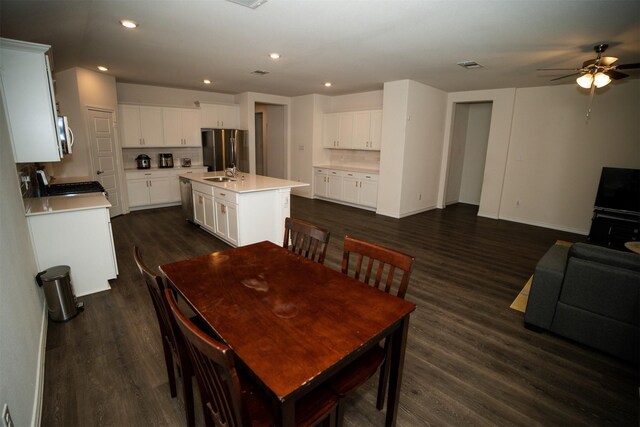 6428 Wales St, Celina, TX 76227 - dining space featuring dark wood-style flooring, ceiling fan, and recessed lighting