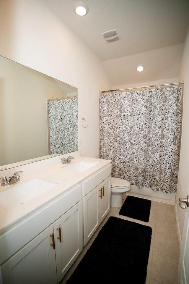 6428 Wales St, Celina, TX 76227 - bathroom with tile patterned flooring, double vanity, curtained shower, and recessed lighting