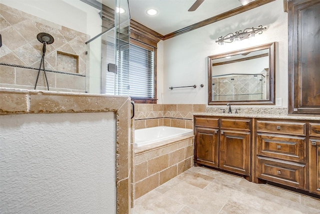 1023 Winding Creek Dr, Kennedale, TX 76060 - bathroom featuring a tile shower, crown molding, a garden tub, vanity, and recessed lighting